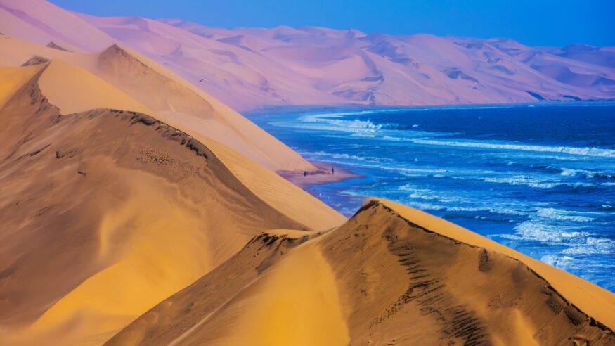 The west coast of the Atlantic Ocean. Giant moving sand dunes. Sandwich Harbour - part of Namib-Naukluft National Park, Namibia