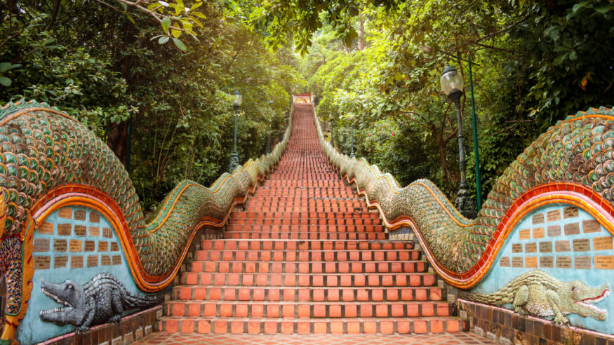 Selective focus. Stairs of Doi Suthep Temple, Chiang Mia, Thailand. Empty stairs of Doi Suthep temple