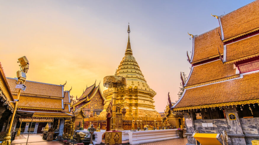 Wat Phra That Doi Suthep with golden morning sky, the most famous temple in Chiang Mai, Thailand