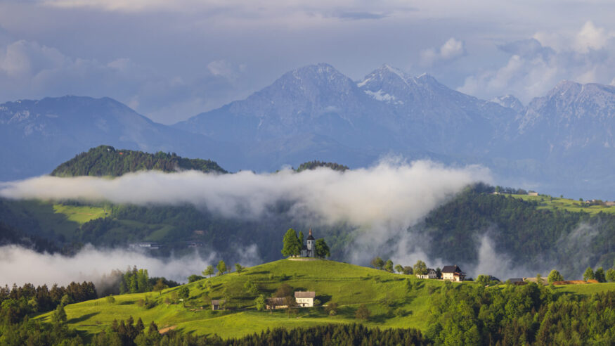 Landscape with St. Thomas Church (Cerkev Sveti Tomaz) near Skofja Loka, Slovenia