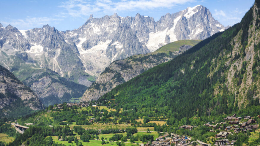 The Grandes Jorasses mountain and the giant's tooth, Mont Blanc massif. Palleusieux and Verrand villages. Pré Saint Didier, Aosta Valley, Italy