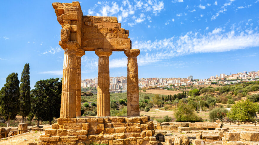 Il tempio dei Dioscuri or Temples of Castor and Pollux. The Valley of the Temples in Agrigento, archaeological heritage. Hellenic architecture in Sicily. August 2023.