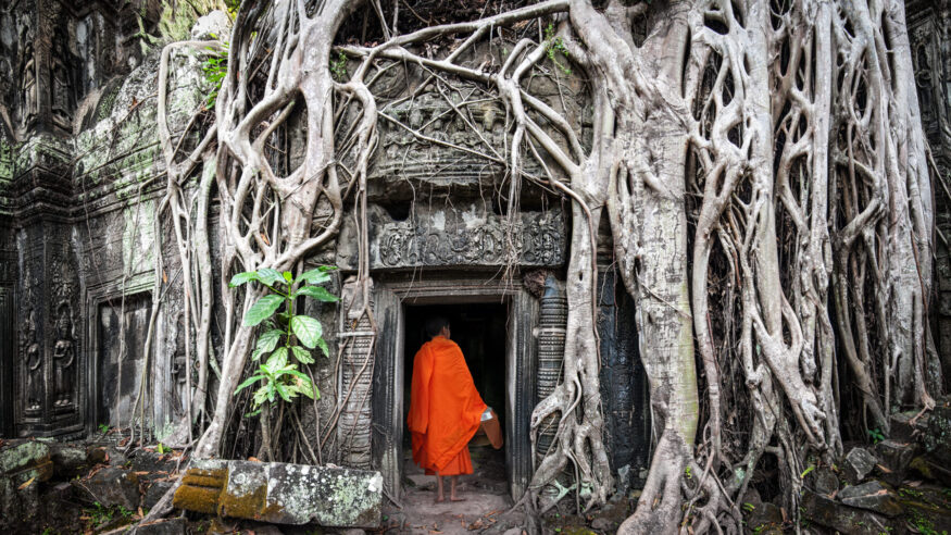 Angkor Wat monk. Ta Prom Khmer ancient Buddhist temple in jungle forest. Famous landmark, place of worship and popular tourist travel destination in Asia