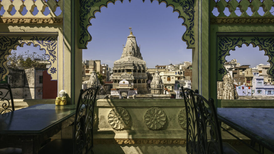 The ancient 17th century Jagadish Hindu temple as viewed from a rooftop in the center of Udaipur