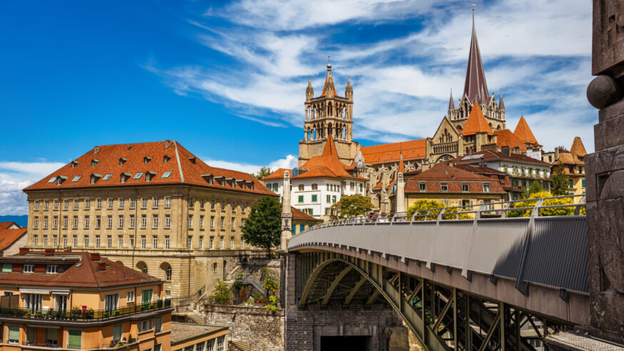 View on a historical medieval centre and a bridge