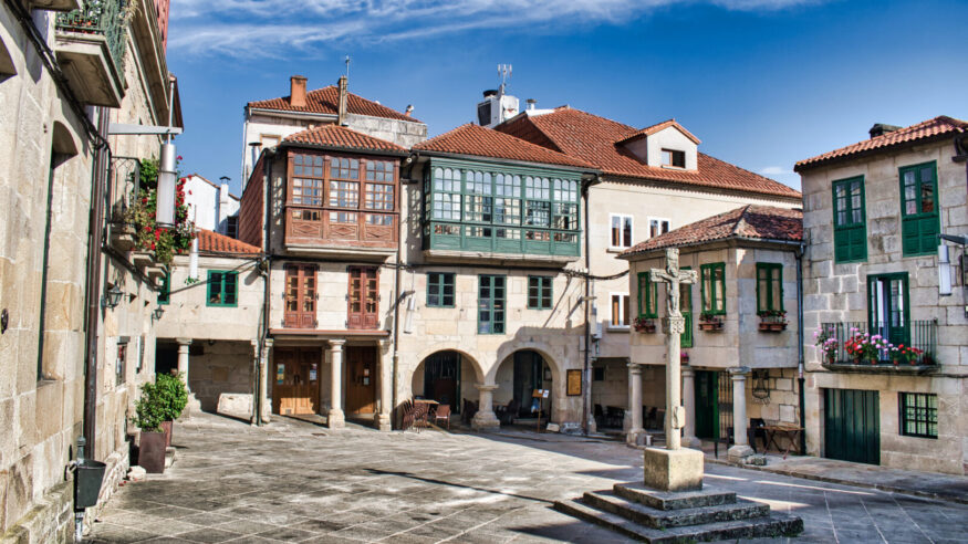 Beautiful Plaza de la Leña of medieval architecture in the Galician city of Pontevedra, Spain