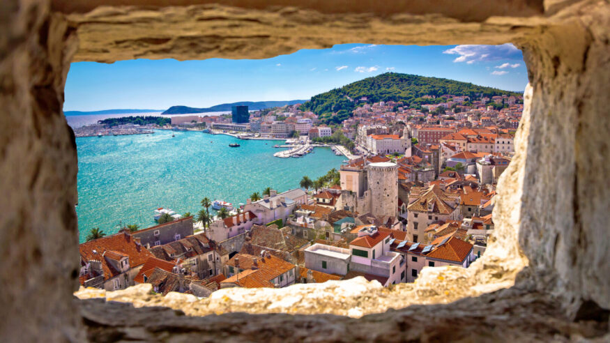 Split  bay aerial view through stone window, Dalmatia, Croatia